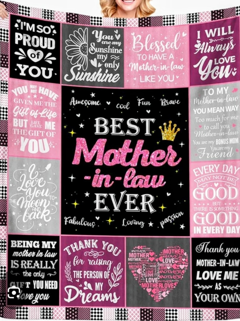 Best Mother-in-Law Ever Pink & Black Graphic Throw approx. 50" × 60"